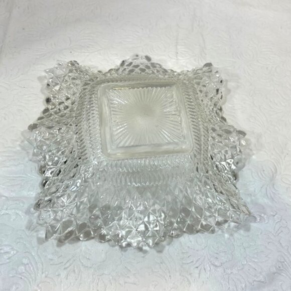 VTG Depression Cut Clear Glass Square Ruffled Edge Candy Serving Dish Diamond - Picture 6 of 12